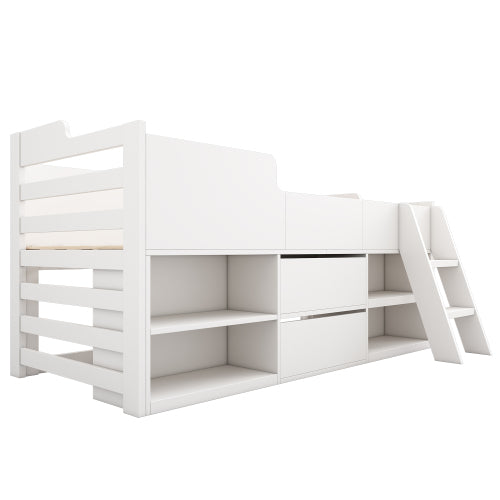 Cabin Bed Mid Sleeper Bed Frame Storage Kids Wooden Bed With Drawers Shelf Storage Low Sleeper Bed 3ft Single Children's White Wooden Bed - 3ft Single 90 X 190 Cm Frame Only