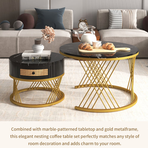 2 In 1 Round Coffee Table Made Of MDF With Marble Grain Veneer Top, Rattan Drawers And Solid Wood Handles. Gold Coloured Iron Legs. 70x70x45.5 50x50x38.5cm