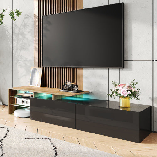 Modern TV Cabinet Design Stylish And Elegant, Practical Storage Space, Black And Wood Look, Glass Shelves, LED Lighting