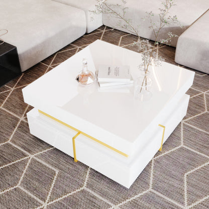 Coffee Table, High-Gloss Living Room Table, Side Table With Drawers And Gold Accents