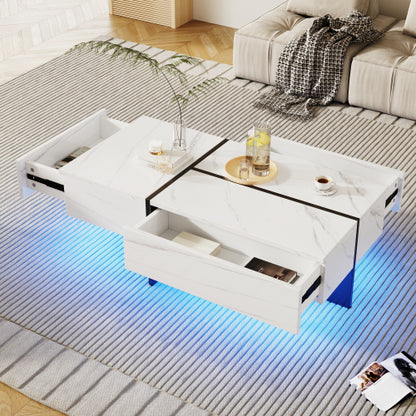 High Gloss Coffee Table, White Marble-Effect Structure With Matching Black Risers, Living Room Furniture,With App-Controlled LED Lighting System