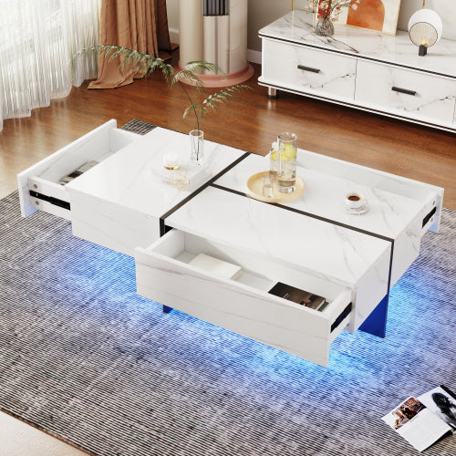High Gloss Coffee Table, White Marble-Effect Structure With Matching Black Risers, Living Room Furniture,With App-Controlled LED Lighting System