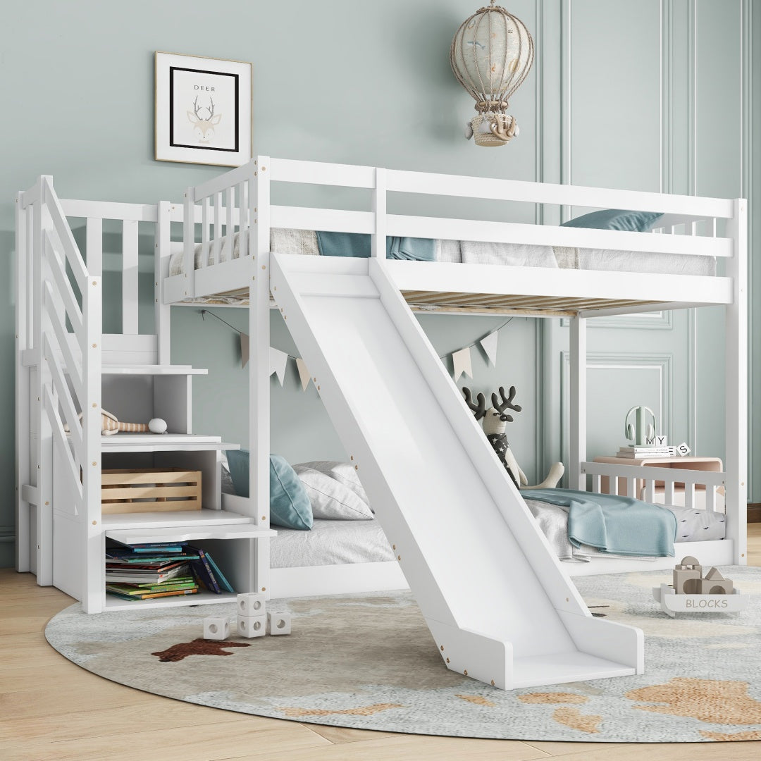 Bunk Bed With Stairs And Slide, Solid Pine Wood Frame, Children Bed, Storage Stairs, 90x190cm, White