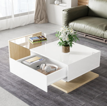 Coffee Table In High Gloss White And Wood Color Combination. Side Tables, Coffee Tables With Glass And LED