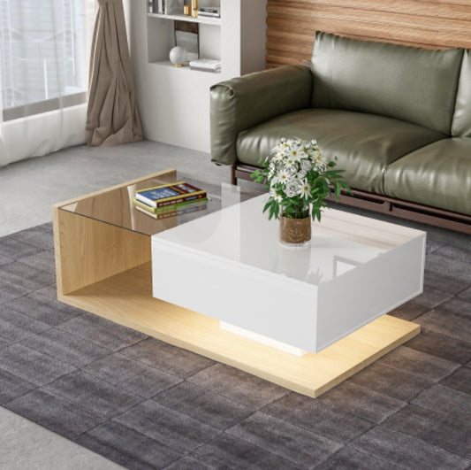 Coffee Table In High Gloss White And Wood Color Combination. Side Tables, Coffee Tables With Glass And LED