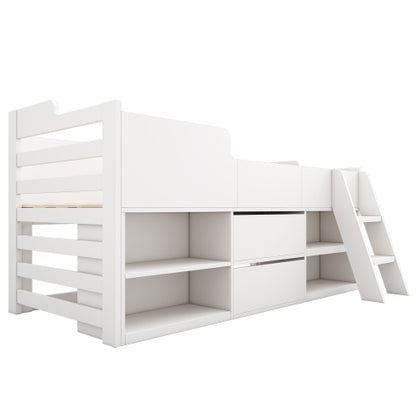 Cabin Bed Mid Sleeper Bed Frame Storage Kids Wooden Bed With Drawers Shelf Storage Low Sleeper Bed 3ft Single Children's White Wooden Bed - 3ft Single 90 X 190 Cm Frame Only