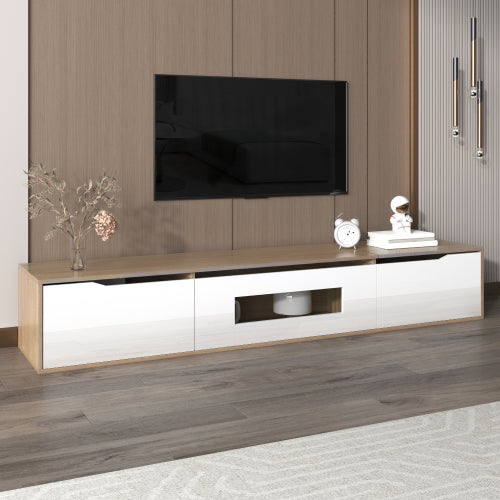 TV Cabinet, High Gloss TV Cabinet, Color Matching High-glosswhite And Wood Color, With Color Changing LED Light.
