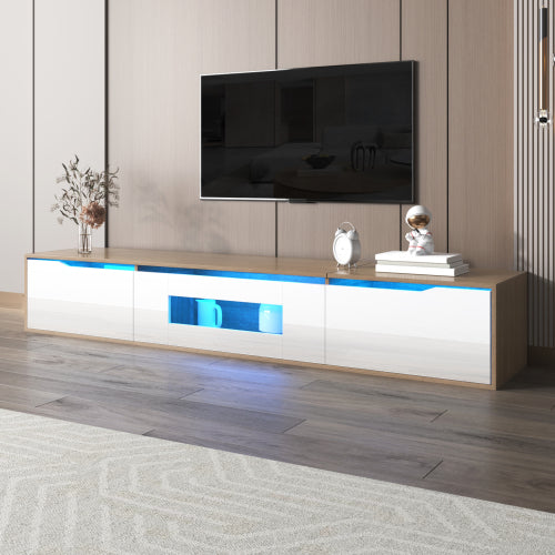 TV Cabinet, High Gloss TV Cabinet, Color Matching High-glosswhite And Wood Color, With Color Changing LED Light.