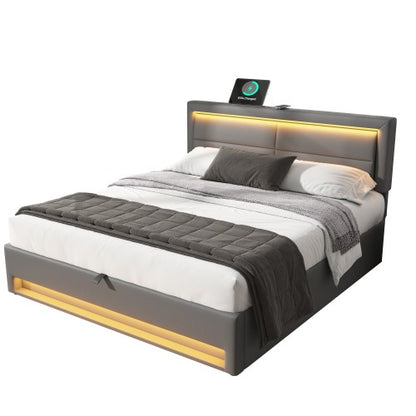 Upholstered Bed 150 X 200 Cm, King Size Bed-5ft,with USB Port Supports Wireless And Wired Charging, With LED Lighting And Storage Space, Without Mattress, PU Lychee Pattern, Grey
