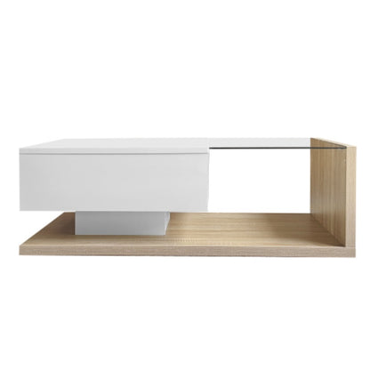 Coffee Table In High Gloss White And Wood Color Combination. Side Tables, Coffee Tables With Glass And LED