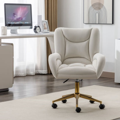 Full KD Velvet Fabric Material Adjustable Height Swivel Home Office Chair For Indoor Office With Gold Legs, Ivory