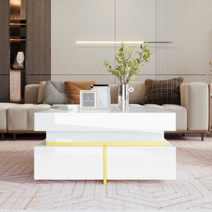 Coffee Table, High-Gloss Living Room Table, Side Table With Drawers And Gold Accents