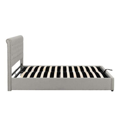 Upholstered Bed,Double Bed-4ft6 135x190cm ,with Hydraulic Lever, Functional Storage Bed, Rivet Decoration, Without Mattress, Linen, Light Grey