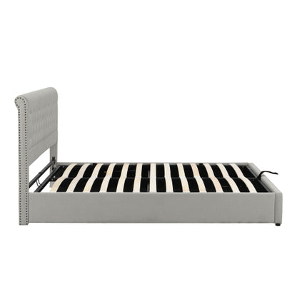 Upholstered Bed,Double Bed-4ft6 135x190cm ,with Hydraulic Lever, Functional Storage Bed, Rivet Decoration, Without Mattress, Linen, Light Grey