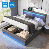 Upholstered Bed 150 X 200 Cm, King Size Bed-5ft,with USB Port Supports Wireless And Wired Charging, With LED Lighting And Storage Space, Without Mattress, PU Lychee Pattern, Grey