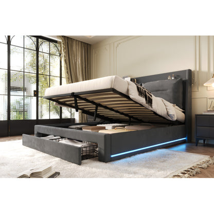 Upholstered Bed, 135x190  4ft6, Double Bed, Hydraulic Bed, 2-in-1 Storage Drawers At The End Of The Bed, Recessed LED Light Strips On Both Sides Of The Bed, Slatted Frame, Velvet,Dark Gray