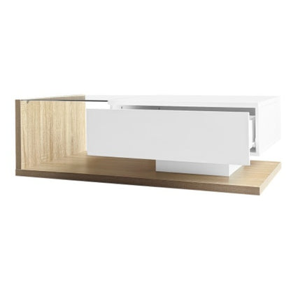Coffee Table In High Gloss White And Wood Color Combination. Side Tables, Coffee Tables With Glass And LED