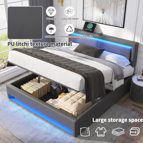 Upholstered Bed 150 X 200 Cm, King Size Bed-5ft,with USB Port Supports Wireless And Wired Charging, With LED Lighting And Storage Space, Without Mattress, PU Lychee Pattern, Grey