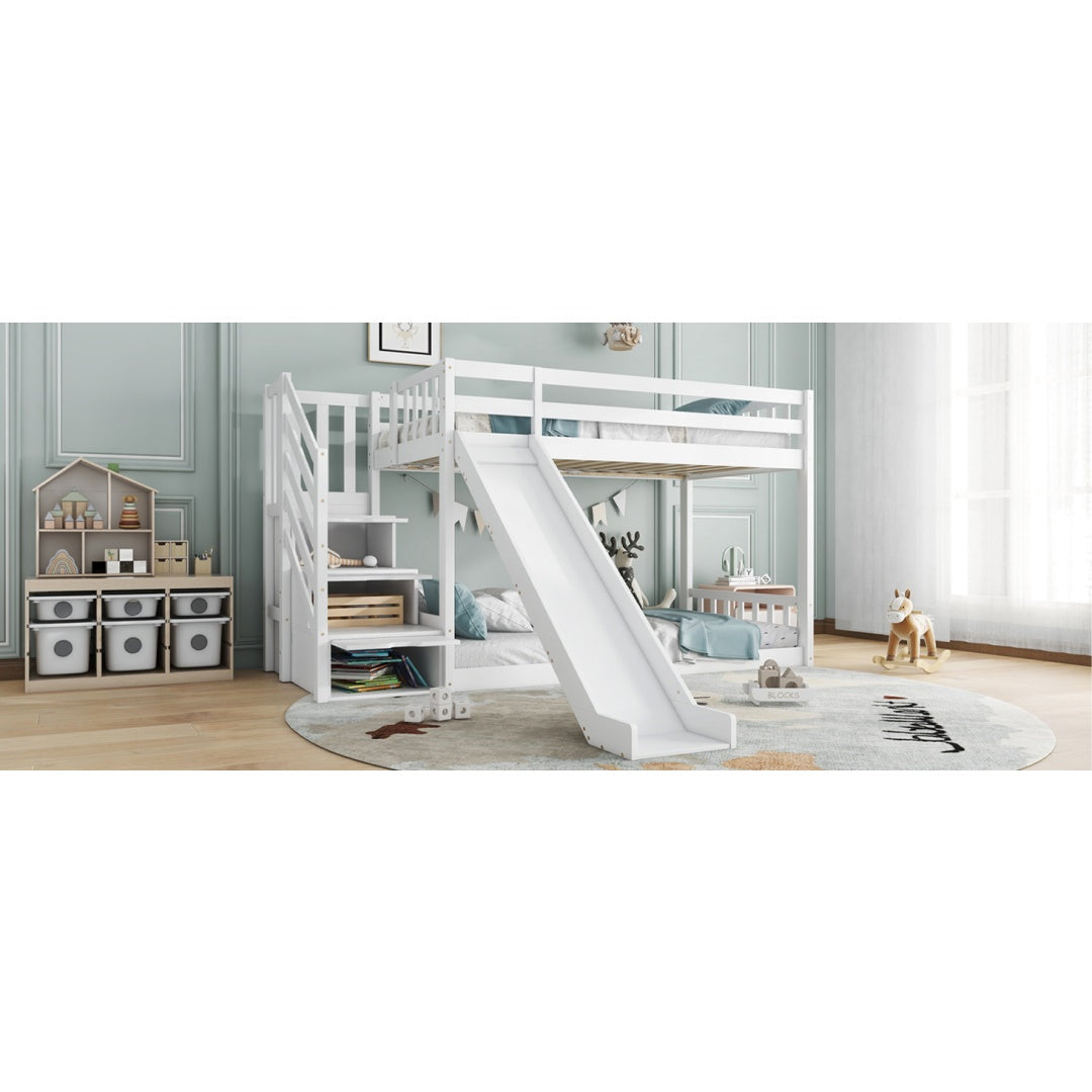 Bunk Bed With Stairs And Slide, Solid Pine Wood Frame, Children Bed, Storage Stairs, 90x190cm, White