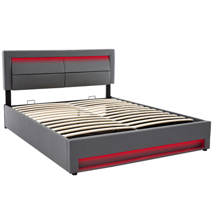 Upholstered Bed 150 X 200 Cm, King Size Bed-5ft,with USB Port Supports Wireless And Wired Charging, With LED Lighting And Storage Space, Without Mattress, PU Lychee Pattern, Grey