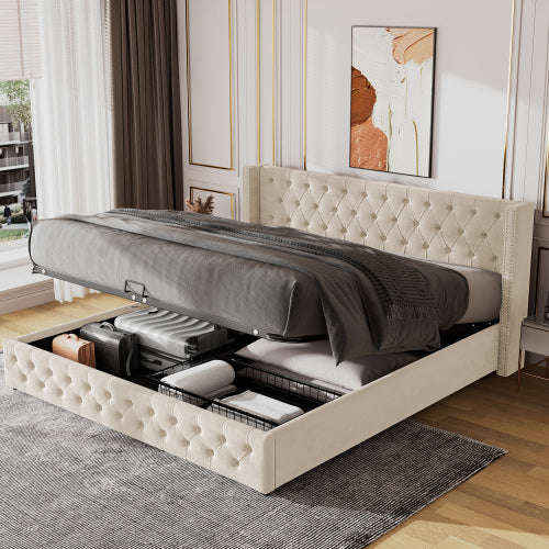 Upholstered Bed, With Hydraulic Lever, Functional Bed From Storage, 150 X 200 Cm, Without Mattress, Velvet, Beige