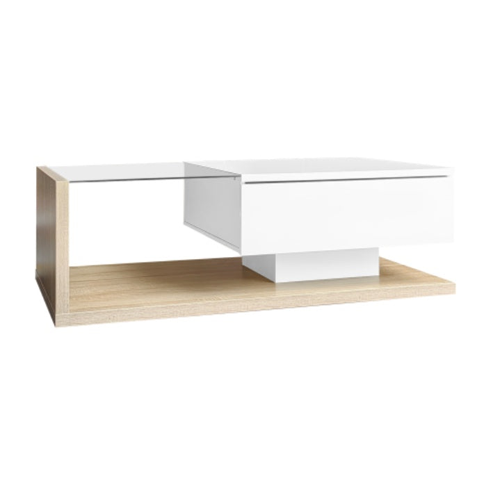 Coffee Table In High Gloss White And Wood Color Combination. Side Tables, Coffee Tables With Glass And LED