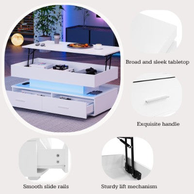 Hydraulic Lift Top Coffee Table, LED Coffee Tables With Storage For Living Room, Coffee Table With 2 Drawers & LED Light For Dining Reception Room, White