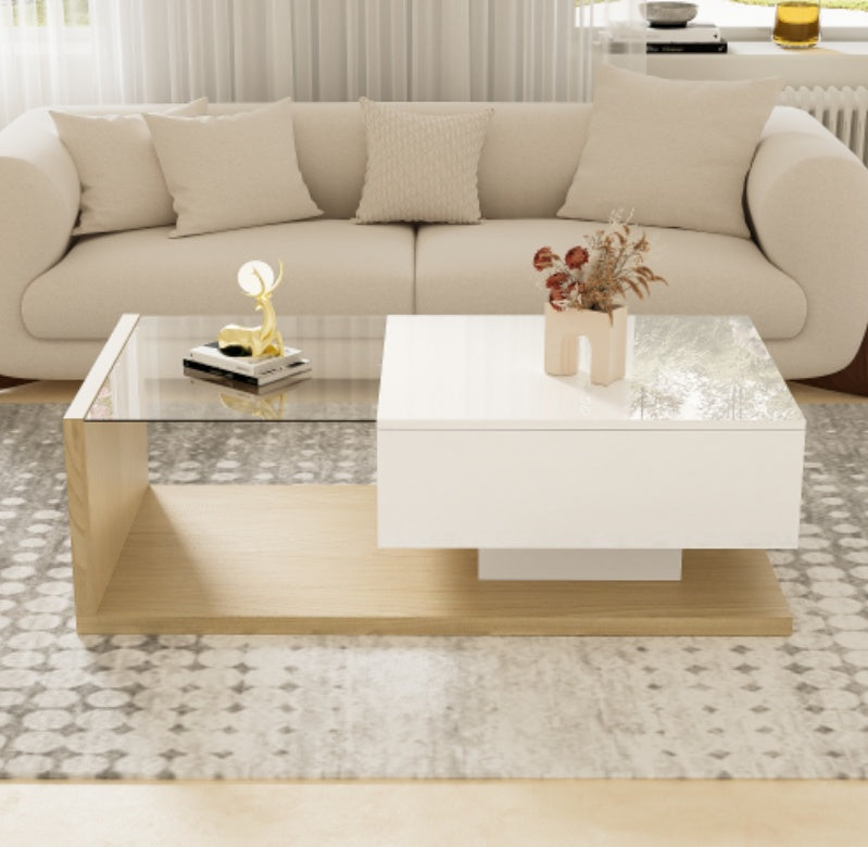 Coffee Table In High Gloss White And Wood Color Combination. Side Tables, Coffee Tables With Glass And LED
