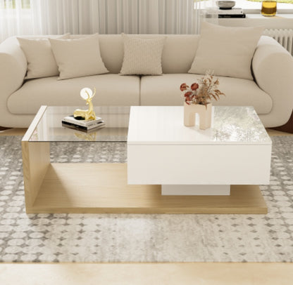 Coffee Table In High Gloss White And Wood Color Combination. Side Tables, Coffee Tables With Glass And LED