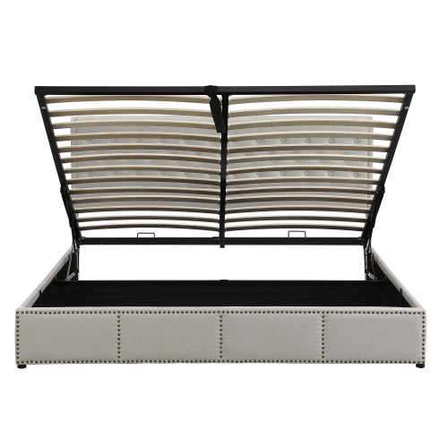Upholstered Bed,Double Bed-4ft6 135x190cm ,with Hydraulic Lever, Functional Storage Bed, Rivet Decoration, Without Mattress, Linen, Light Grey