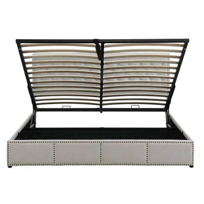 Upholstered Bed,Double Bed-4ft6 135x190cm ,with Hydraulic Lever, Functional Storage Bed, Rivet Decoration, Without Mattress, Linen, Light Grey