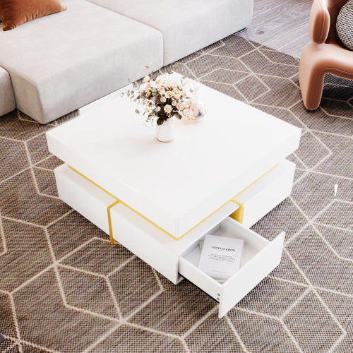 Coffee Table, High-Gloss Living Room Table, Side Table With Drawers And Gold Accents