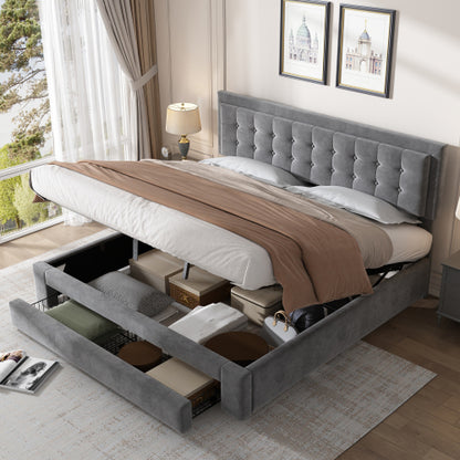 Upholstered Bed,Super King Size Bed-6ft180x200cm, Velvet Fabric, Double Bed, Large Storage Space,With Slats And Headboard,Without Mattress,Grey