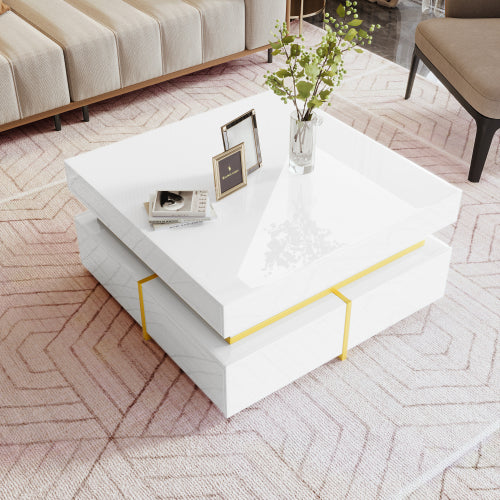 Coffee Table, High-Gloss Living Room Table, Side Table With Drawers And Gold Accents