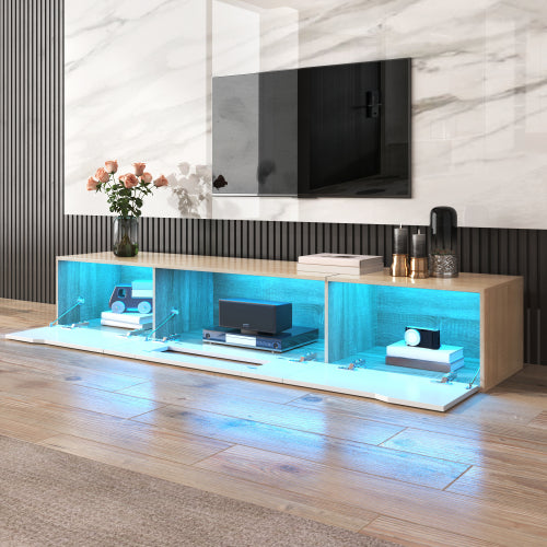 TV Cabinet, High Gloss TV Cabinet, Color Matching High-glosswhite And Wood Color, With Color Changing LED Light.