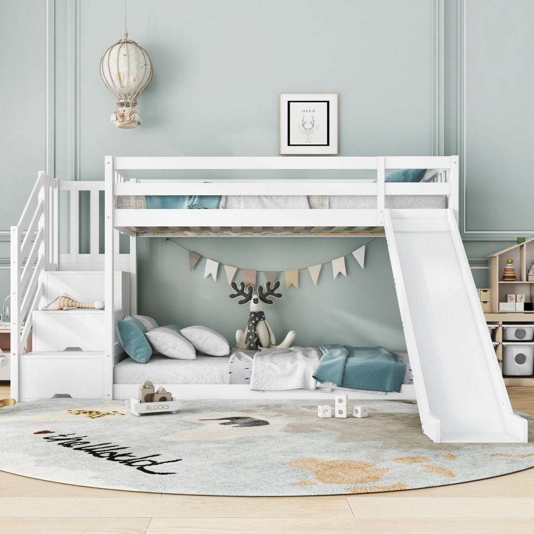 Bunk Bed With Stairs And Slide, Solid Pine Wood Frame, Children Bed, Storage Stairs, 90x190cm, White
