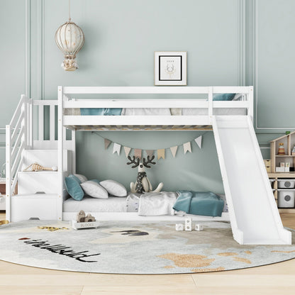 Bunk Bed With Stairs And Slide, Solid Pine Wood Frame, Children Bed, Storage Stairs, 90x190cm, White