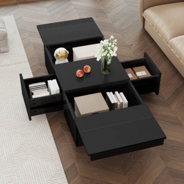 Coffee Table, Black High-Gloss Living Room Table With Push-Pull Storage Structure, Double-Sided Drawers