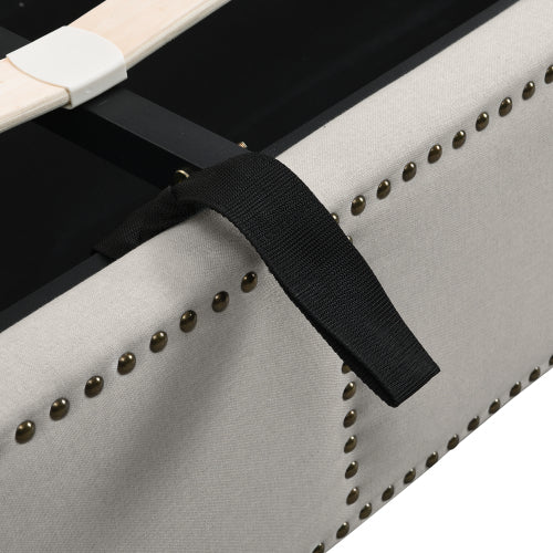 Upholstered Bed,Double Bed-4ft6 135x190cm ,with Hydraulic Lever, Functional Storage Bed, Rivet Decoration, Without Mattress, Linen, Light Grey