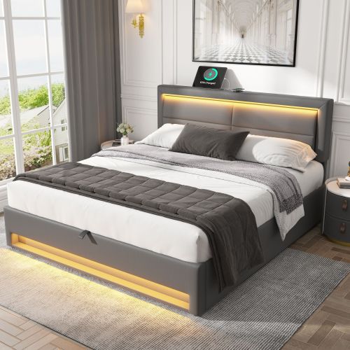 Upholstered Bed 135 X 190 Cm,Double Bed-4ft6,with USB Port Supports Wireless And Wired Charging, With LED Lighting And Storage Space, Without Mattress, PU-Lychee Design, Gray