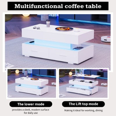 Hydraulic Lift Top Coffee Table, LED Coffee Tables With Storage For Living Room, Coffee Table With 2 Drawers & LED Light For Dining Reception Room, White