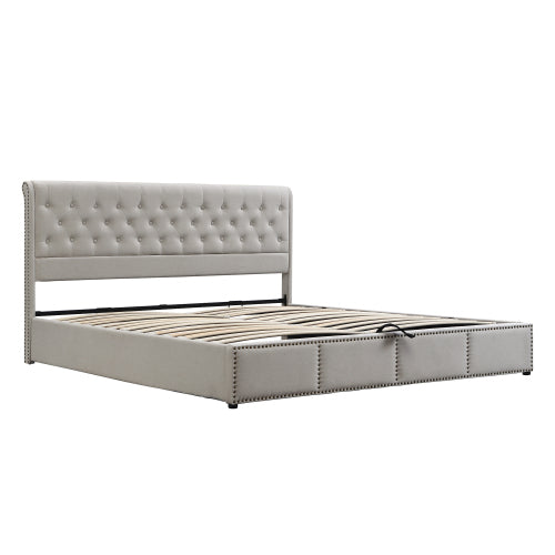 Upholstered Bed,Double Bed-4ft6 135x190cm ,with Hydraulic Lever, Functional Storage Bed, Rivet Decoration, Without Mattress, Linen, Light Grey