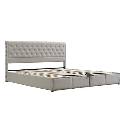 Upholstered Bed,Double Bed-4ft6 135x190cm ,with Hydraulic Lever, Functional Storage Bed, Rivet Decoration, Without Mattress, Linen, Light Grey