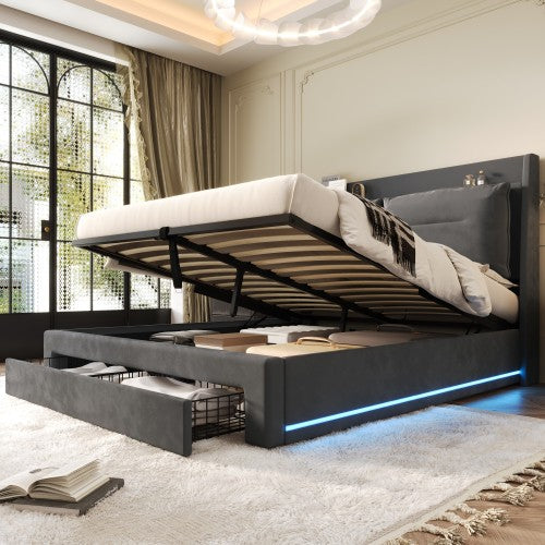 Upholstered Bed, 135x190  4ft6, Double Bed, Hydraulic Bed, 2-in-1 Storage Drawers At The End Of The Bed, Recessed LED Light Strips On Both Sides Of The Bed, Slatted Frame, Velvet,Dark Gray