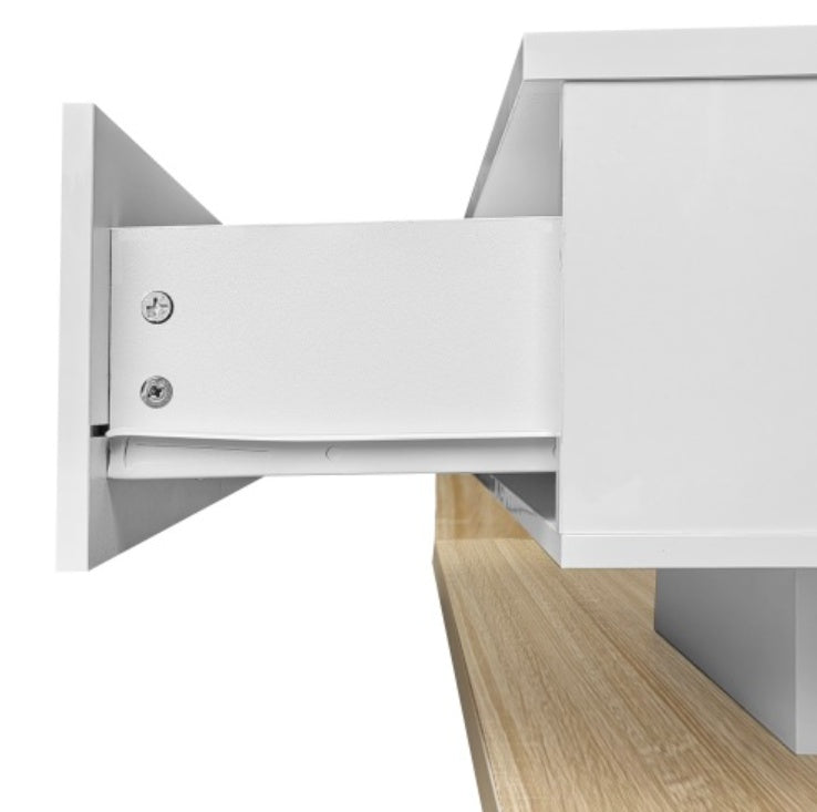 Coffee Table In High Gloss White And Wood Color Combination. Side Tables, Coffee Tables With Glass And LED