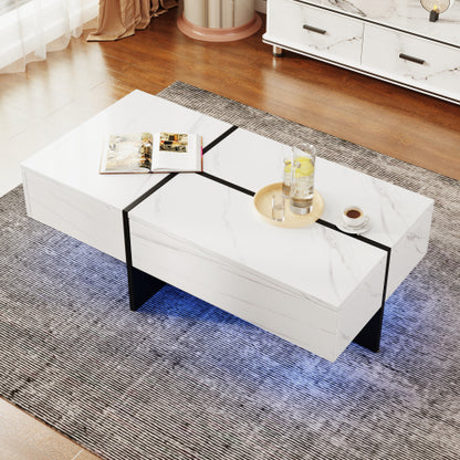 High Gloss Coffee Table, White Marble-Effect Structure With Matching Black Risers, Living Room Furniture,With App-Controlled LED Lighting System