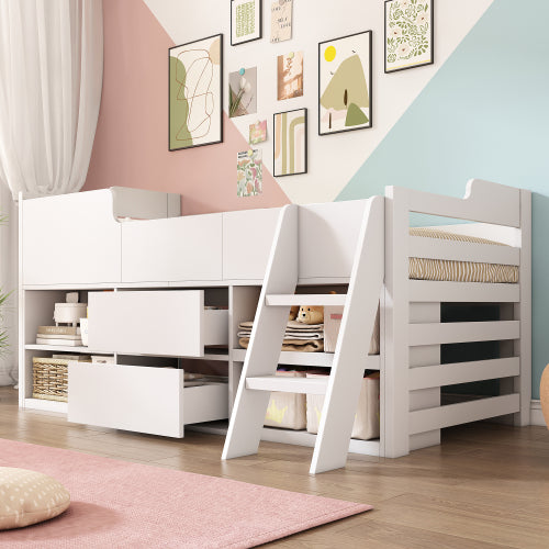 Cabin Bed Mid Sleeper Bed Frame Storage Kids Wooden Bed With Drawers Shelf Storage Low Sleeper Bed 3ft Single Children's White Wooden Bed - 3ft Single 90 X 190 Cm Frame Only