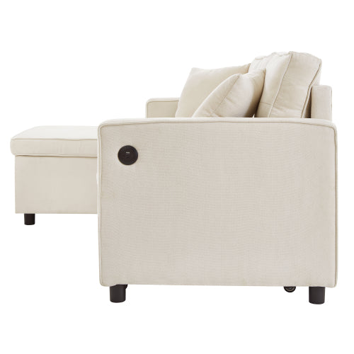 L-Shaped Pull Out Sleep Sofabed, Modern Reversible Sleeper Sectional Sofa, 3 In 1 Convertible Sofa Bed With Storage Chaise, Drop-Down Table, Cup Holders And Charging Ports