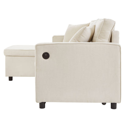 L-Shaped Pull Out Sleep Sofabed, Modern Reversible Sleeper Sectional Sofa, 3 In 1 Convertible Sofa Bed With Storage Chaise, Drop-Down Table, Cup Holders And Charging Ports