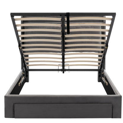 Upholstered Bed, 135x190  4ft6, Double Bed, Hydraulic Bed, 2-in-1 Storage Drawers At The End Of The Bed, Recessed LED Light Strips On Both Sides Of The Bed, Slatted Frame, Velvet,Dark Gray